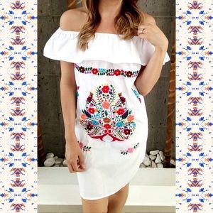 Mexican Off Shoulder White Dress Embroidered